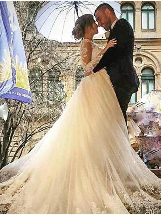 Long Mermaid V Neck Sweep Brush Train Lace Tulle Wedding Dresses with Sleeves by BIZTUNNEL