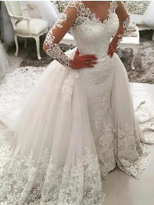 Long Mermaid V Neck Sweep Brush Train Lace Tulle Wedding Dresses with Sleeves by BIZTUNNEL