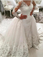 Long Mermaid V Neck Sweep Brush Train Lace Tulle Wedding Dresses with Sleeves by BIZTUNNEL