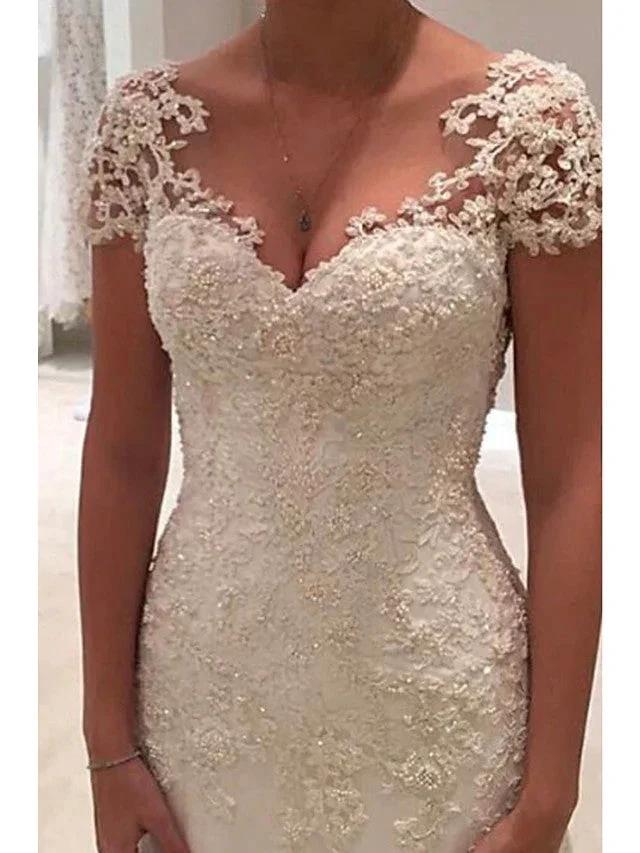 Long Mermaid V Neck Tulle Lace Backless Wedding Dresses with Cap Sleeves by BIZTUNNEL