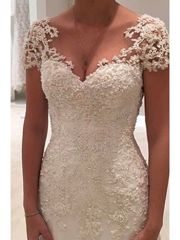 Long Mermaid V Neck Tulle Lace Backless Wedding Dresses with Cap Sleeves