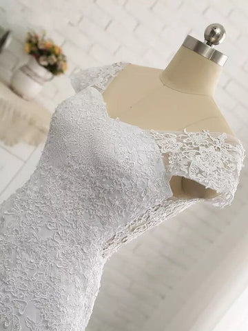 Long Mermaid V Neck Tulle Lace Backless Wedding Dresses with Cap Sleeves