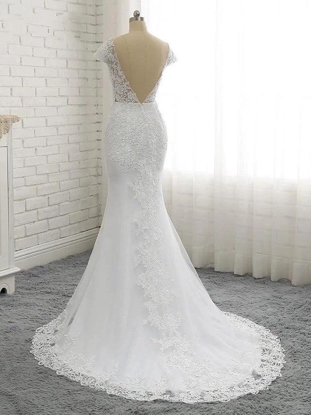 Long Mermaid V Neck Tulle Lace Backless Wedding Dresses with Cap Sleeves by BIZTUNNEL