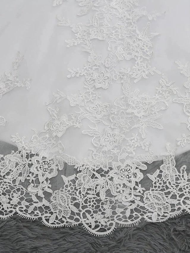 Long Mermaid V Neck Tulle Lace Backless Wedding Dresses with Cap Sleeves by BIZTUNNEL