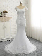 Long Mermaid V Neck Tulle Lace Backless Wedding Dresses with Cap Sleeves by BIZTUNNEL