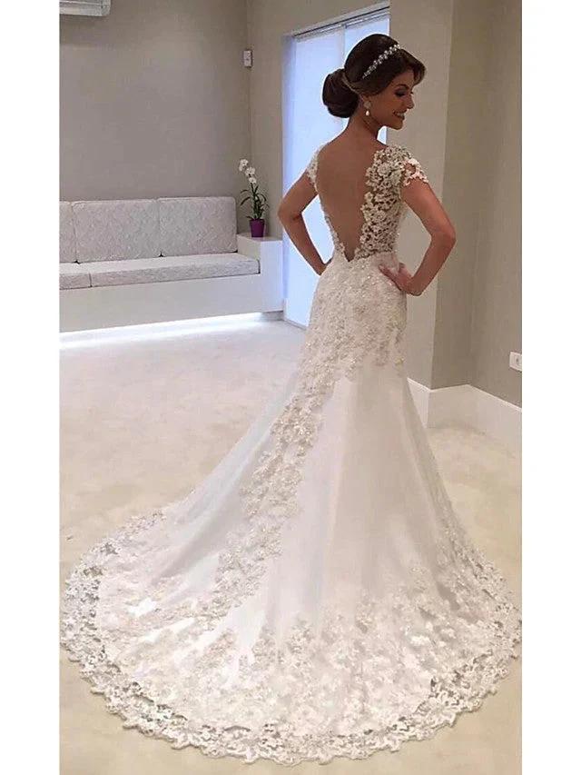 Long Mermaid V Neck Tulle Lace Backless Wedding Dresses with Cap Sleeves by BIZTUNNEL