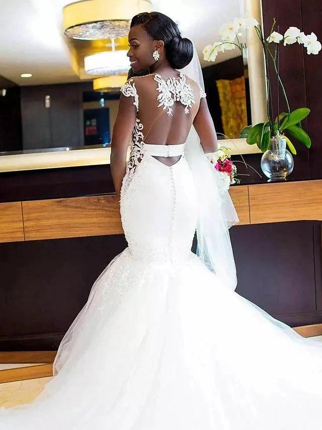 Long Mermaid V Neck Tulle Lace Chapel Train Backless Wedding Dresses by BIZTUNNEL