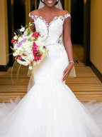 Long Mermaid V Neck Tulle Lace Chapel Train Backless Wedding Dresses by BIZTUNNEL