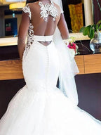 Long Mermaid V Neck Tulle Lace Chapel Train Backless Wedding Dresses by BIZTUNNEL