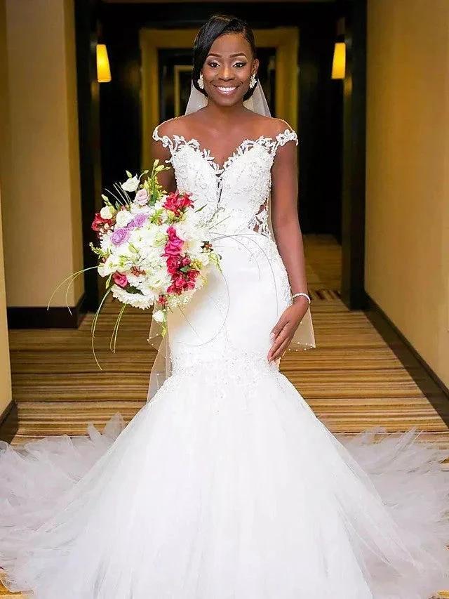 Long Mermaid V Neck Tulle Lace Chapel Train Backless Wedding Dresses by BIZTUNNEL