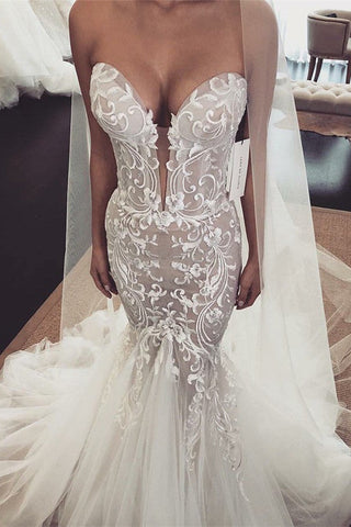 Long Mermaid V-neck Tulle Lace Wedding Dresses