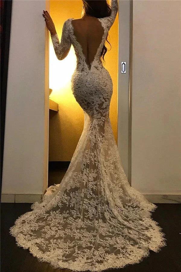 Long Mermaid V-neck Tulle Lace White Prom Dress with Slit by BIZTUNNEL