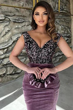 Long Mermaid V-neck Velvet Prom Dress with Glitter by BIZTUNNEL