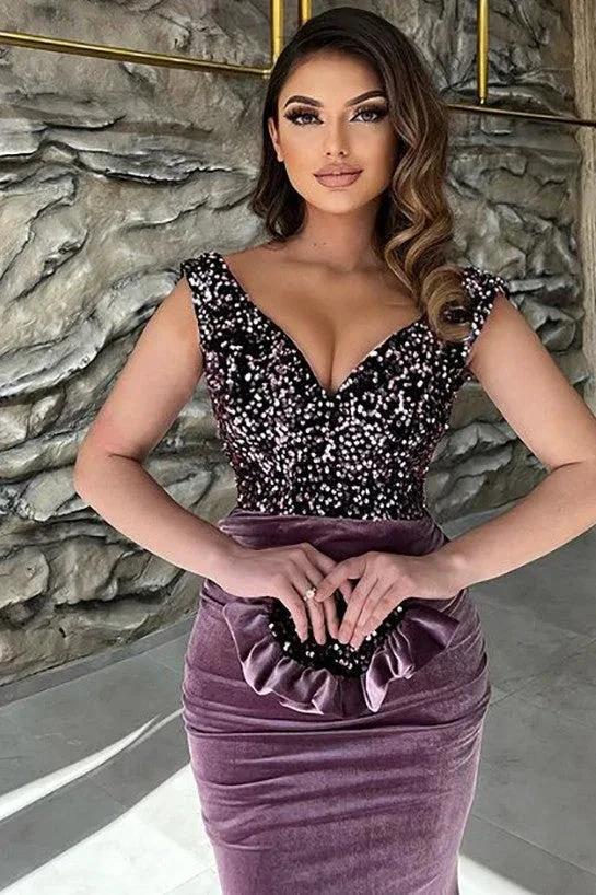 Long Mermaid V-neck Velvet Prom Dress with Glitter by BIZTUNNEL