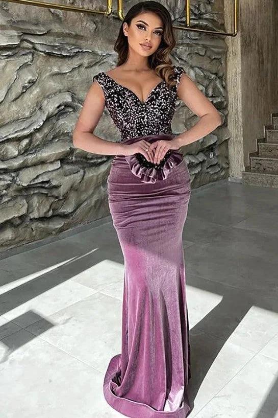 Long Mermaid V-neck Velvet Prom Dress with Glitter by BIZTUNNEL