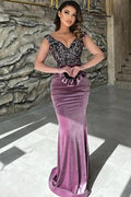 Long Mermaid V-neck Velvet Prom Dress with Glitter by BIZTUNNEL