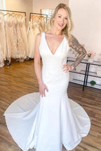 Long Mermaid V-neck Wide Straps Backless Wedding Dress by BIZTUNNEL
