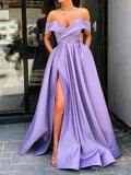 Long Off the Shoulder A-line Satin Front Slit Graduation Prom Dresses with Pockets by BIZTUNNEL