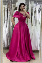 Long Off-the-shoulder Satin A-line Prom Dress with Pockets by BIZTUNNEL