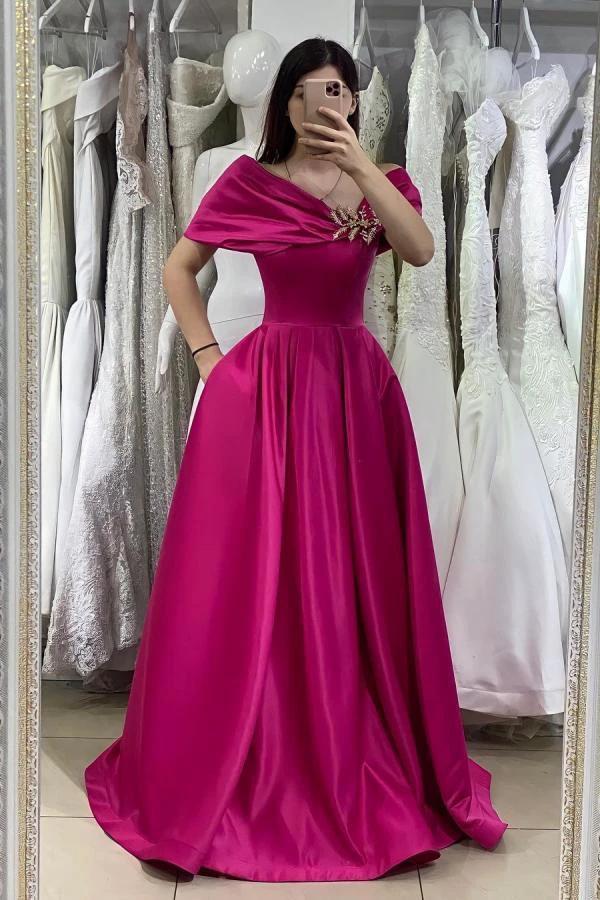 Long Off-the-shoulder Satin A-line Prom Dress with Pockets by BIZTUNNEL