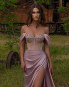 Long Off-the-shoulder Satin Mermaid Prom Dress with Slit by BIZTUNNEL