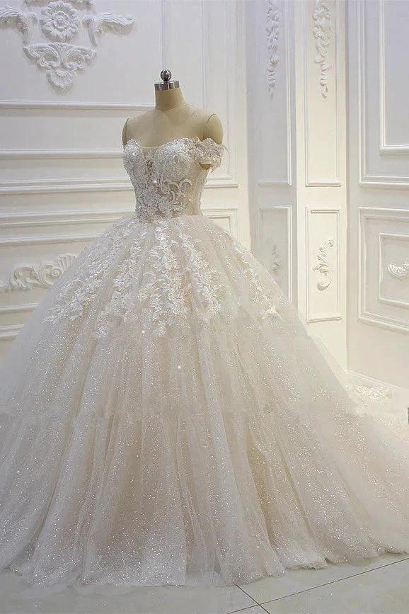 Long Off the Shoulder Sweetheart Ball Gown Sequin Appliques Lace Wedding Dress by BIZTUNNEL