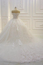 Long Off the Shoulder Sweetheart Ball Gown Sequin Appliques Lace Wedding Dress by BIZTUNNEL