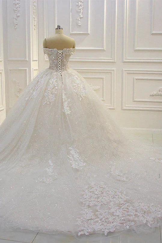 Long Off the Shoulder Sweetheart Ball Gown Sequin Appliques Lace Wedding Dress by BIZTUNNEL