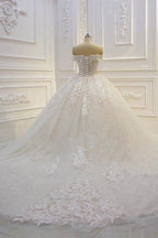 Long Off the Shoulder Sweetheart Ball Gown Sequin Appliques Lace Wedding Dress by BIZTUNNEL
