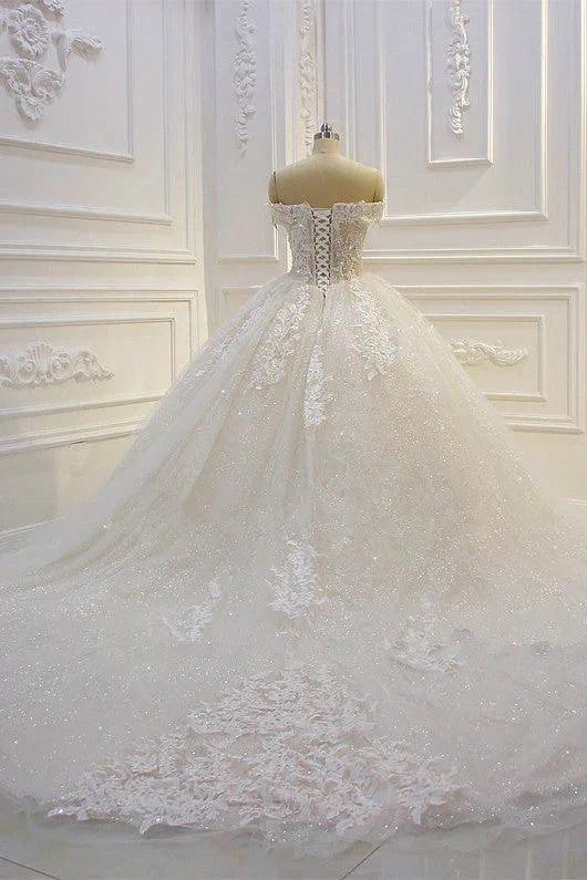 Long Off the Shoulder Sweetheart Ball Gown Sequin Appliques Lace Wedding Dress by BIZTUNNEL