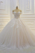 Long Off the Shoulder Sweetheart Ball Gown Sequin Appliques Lace Wedding Dress by BIZTUNNEL