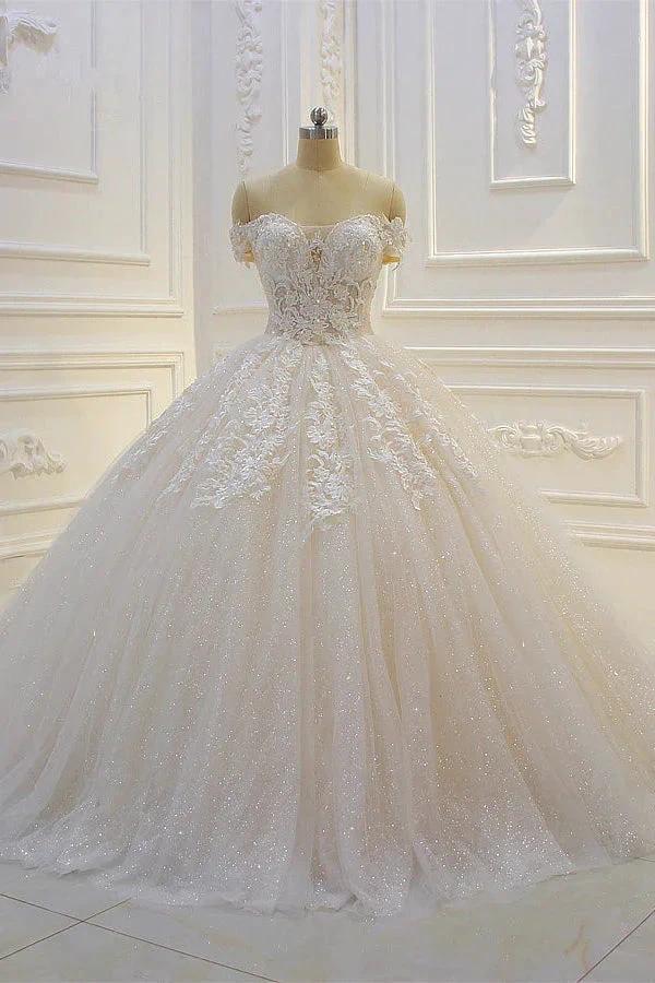 Long Off the Shoulder Sweetheart Ball Gown Sequin Appliques Lace Wedding Dress by BIZTUNNEL