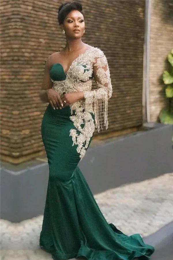 Long One Shoulder Appliques Lace Mermaid Prom Dresses with Sleeves by BIZTUNNEL