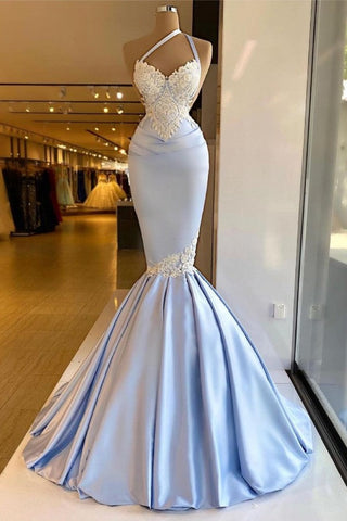 Vestido de fiesta largo de sirena con un solo hombro y apliques de encaje