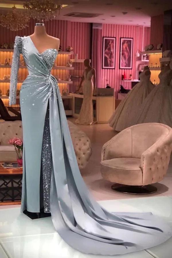 Long One Shoulder Sequins Mermaid Prom Dress with Sleeves by BIZTUNNEL