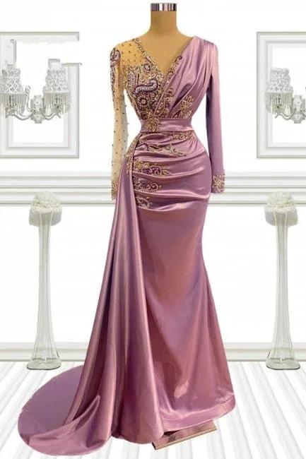 Long Pink Beading Mermaid Prom Dresses With Sleeves by misshow.com