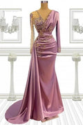 Long Pink Beading Mermaid Prom Dresses With Sleeves by misshow.com