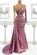 Long Pink Beading Mermaid Prom Dresses With Sleeves by misshow.com