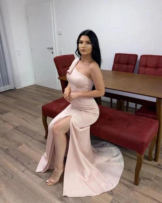 Long Pink Simple One Shoulder Split Mermaid Prom Dress by misshow.com