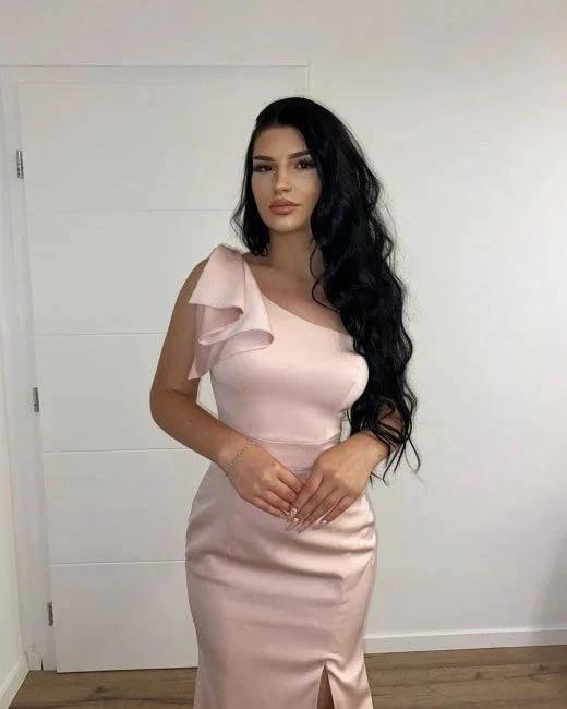 Long Pink Simple One Shoulder Split Mermaid Prom Dress by misshow.com