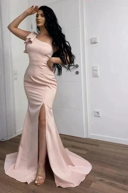 Long Pink Simple One Shoulder Split Mermaid Prom Dress by misshow.com