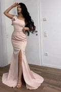 Long Pink Simple One Shoulder Split Mermaid Prom Dress by misshow.com