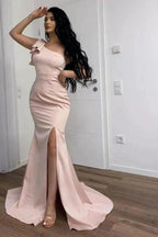 Long Pink Simple One Shoulder Split Mermaid Prom Dress by misshow.com