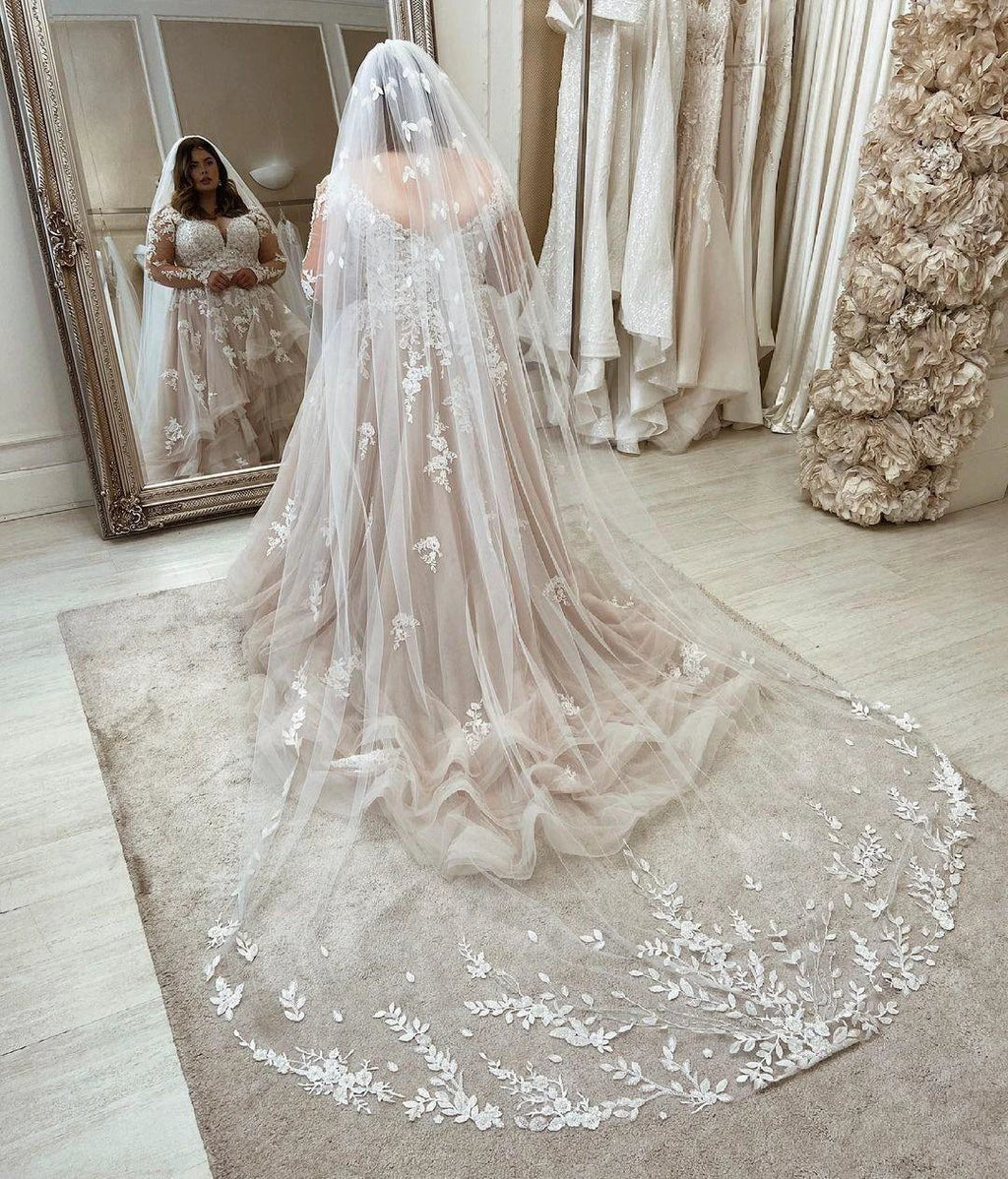 Long Plus Size A-Line Sweetheart Tulle Wedding Dresses with Lace Sleeves by BIZTUNNEL