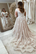 Long Plus Size A-Line Sweetheart Tulle Wedding Dresses with Lace Sleeves by BIZTUNNEL