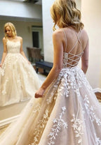 Long Princess A-line Scoop Neck Tulle Lace Backless Formal Prom Dresses by BIZTUNNEL