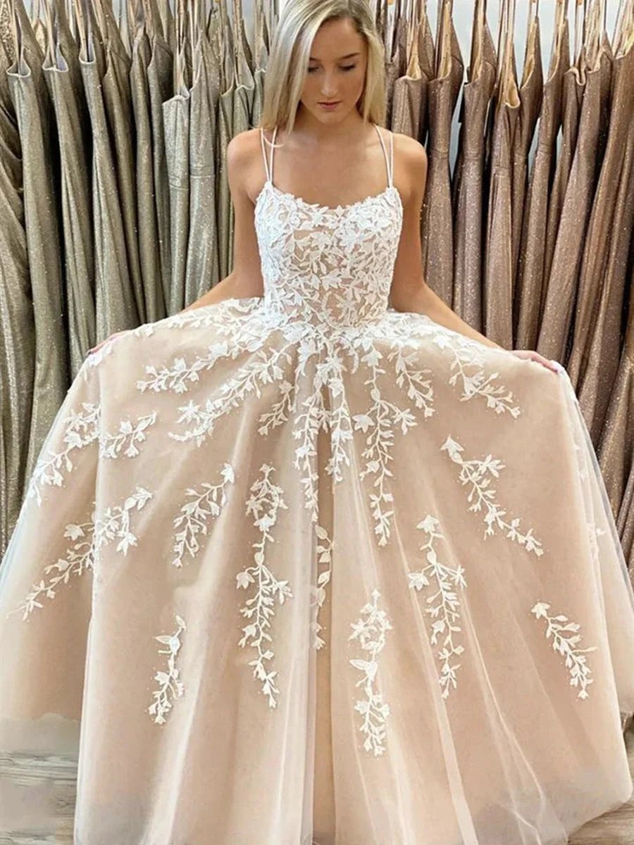 Long Princess A-line Scoop Neck Tulle Lace Backless Formal Prom Dresses by BIZTUNNEL