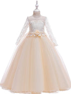 Long Princess Jewel Neck Party Pageant Flower Girl Dresses with Sleeves - photo 4