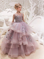 Long Princess Lace Organza Tulle Jewel Neck Maxi Party Birthday Pageant Flowe… - photo 1