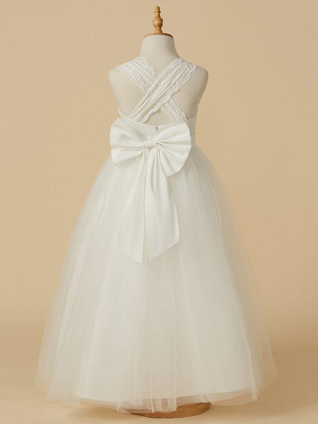 Long Princess Lace Satin Tulle Sleeveless Wedding First Communion Flower Girl… - photo 2